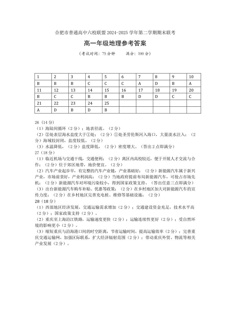 安徽合肥市普通高中六校联盟2024-2025学年高一下学期期末联考地理答案.pdf_第1页