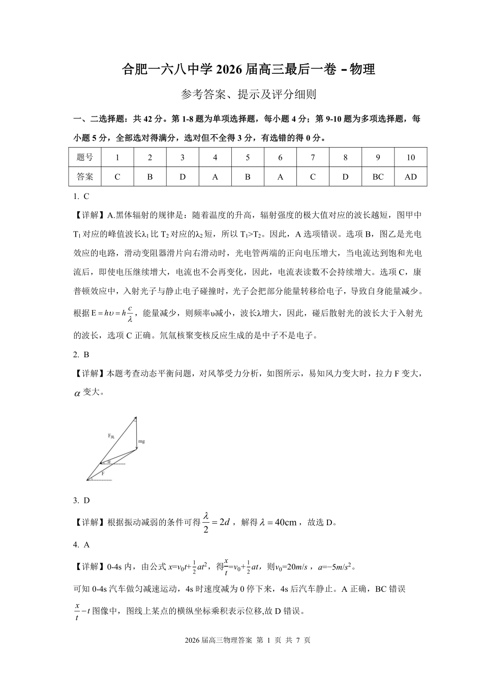 合肥一六八中学2026届高三最后一卷物理答案.pdf_第1页