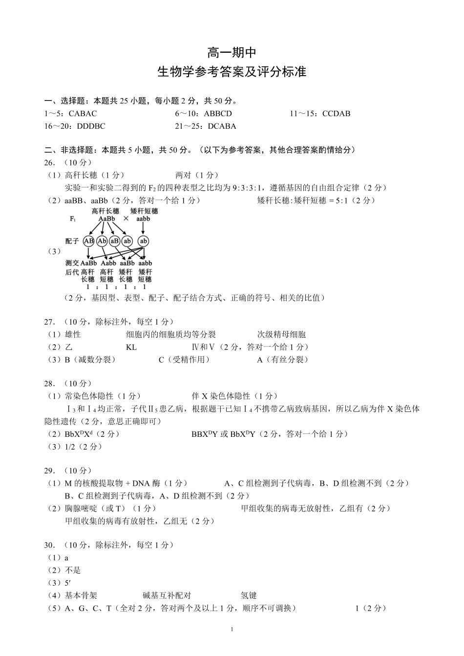 蓉城名校联盟2025-2026学年高一下学期期中考试生物答案_副本.pdf_第1页