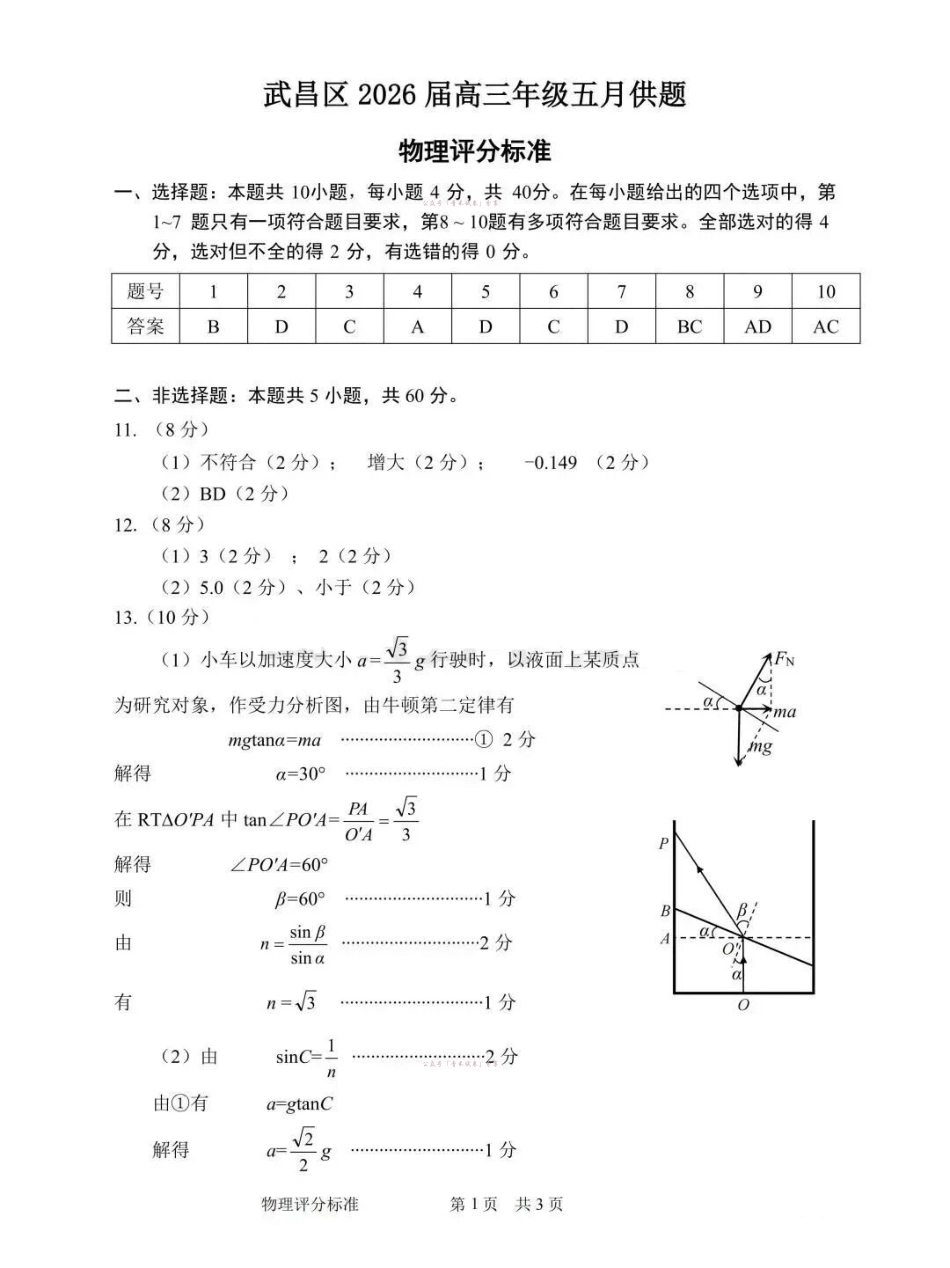 武昌区2026届高三年级五月供题物理答案.pdf_第1页