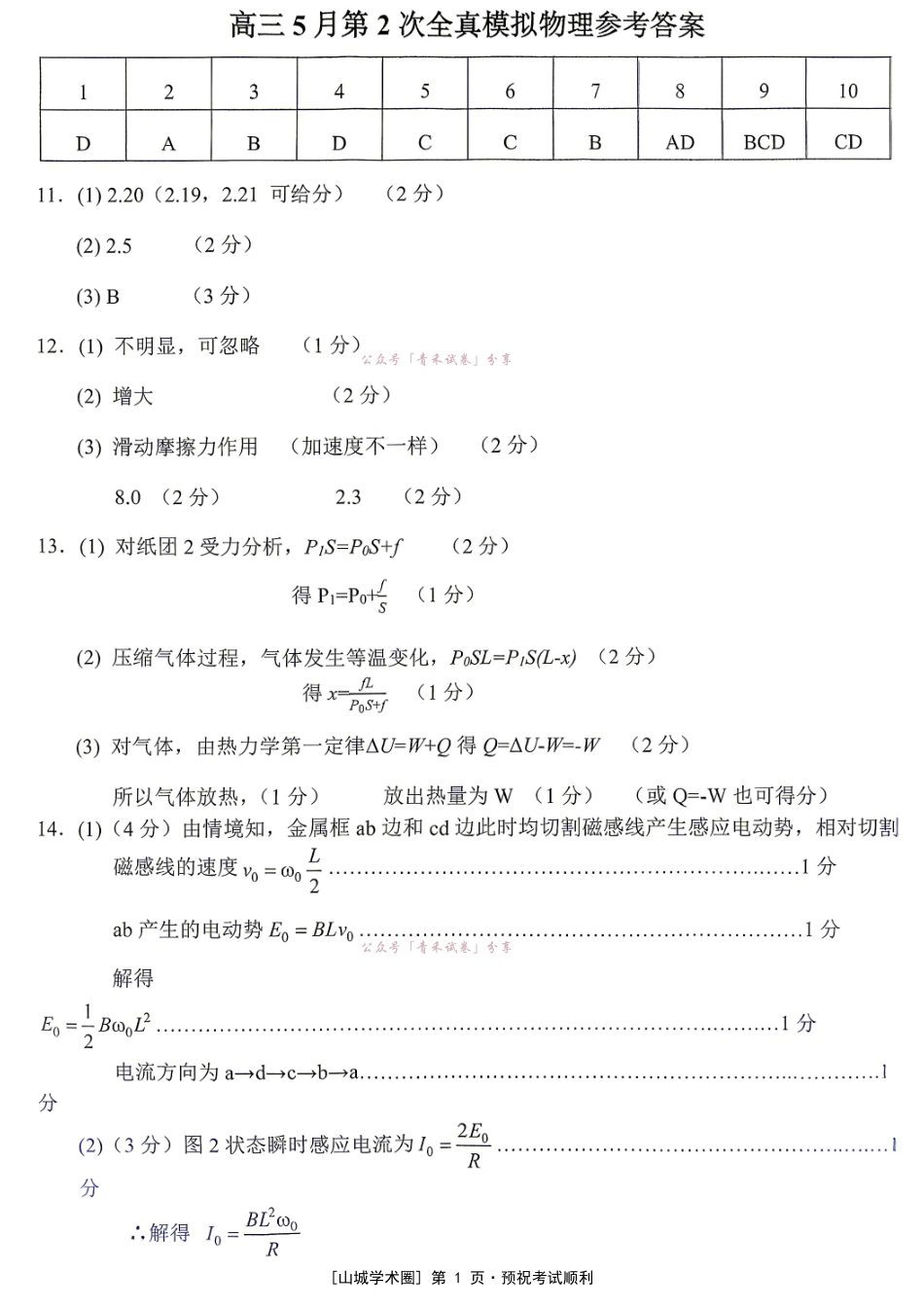 西南大学附中高2026届适应性测试(一)物理答案.pdf_第1页