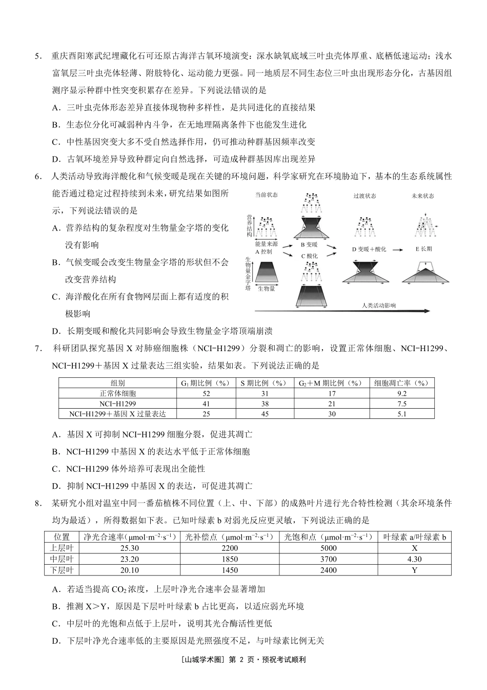 重庆市2026年普通高等学校招生全国统一考试生物+答案.pdf_第2页