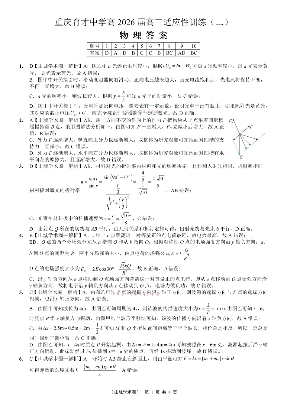 重庆育才中学2026届高三适应性训练(二)物理答案.pdf_第1页