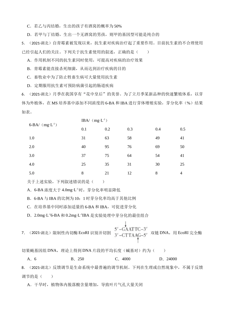 2021年高考生物真题试卷（湖北卷）(学生版).docx_第2页