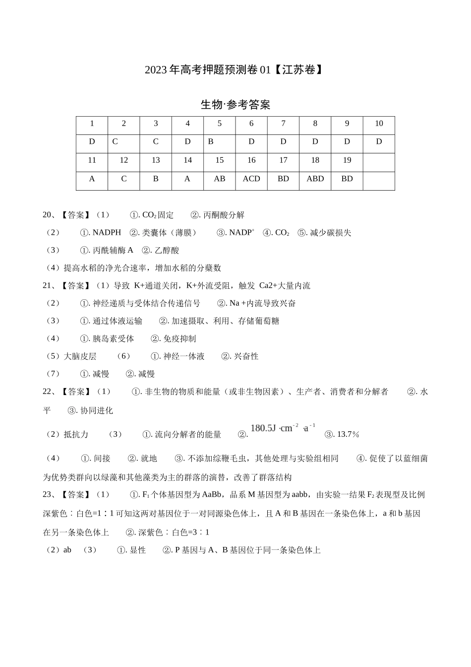 2023年高考押题预测卷01(江苏卷)-生物(参考答案).docx_第1页