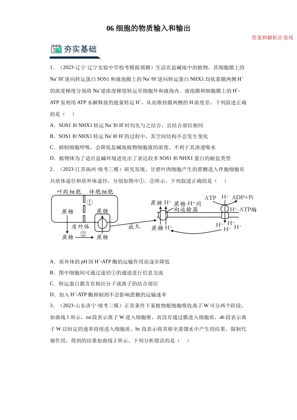 能力分层训练06 细胞的物质输入和输出(解析版).docx_第1页