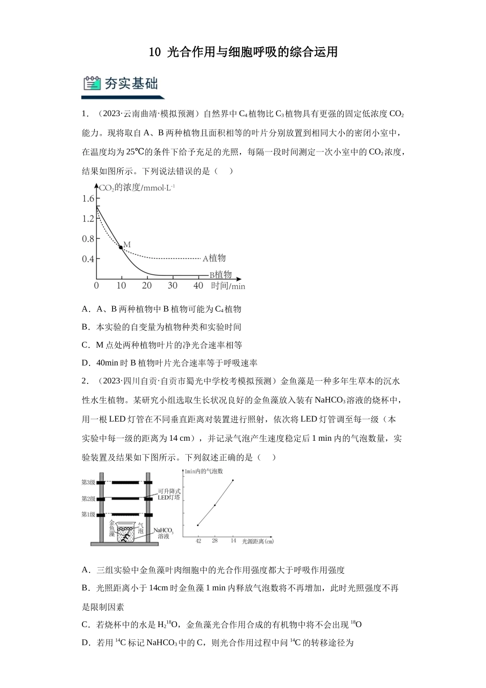 能力分层训练10 光合作用与细胞呼吸的综合运用（解析版）.docx_第1页