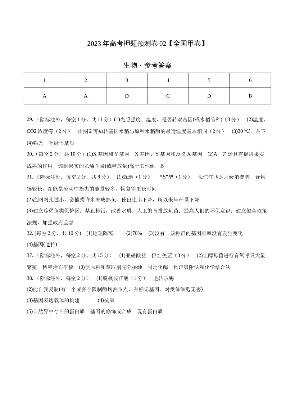 2023年高考押题预测卷02(全国甲卷)-生物(参考答案).docx_第1页