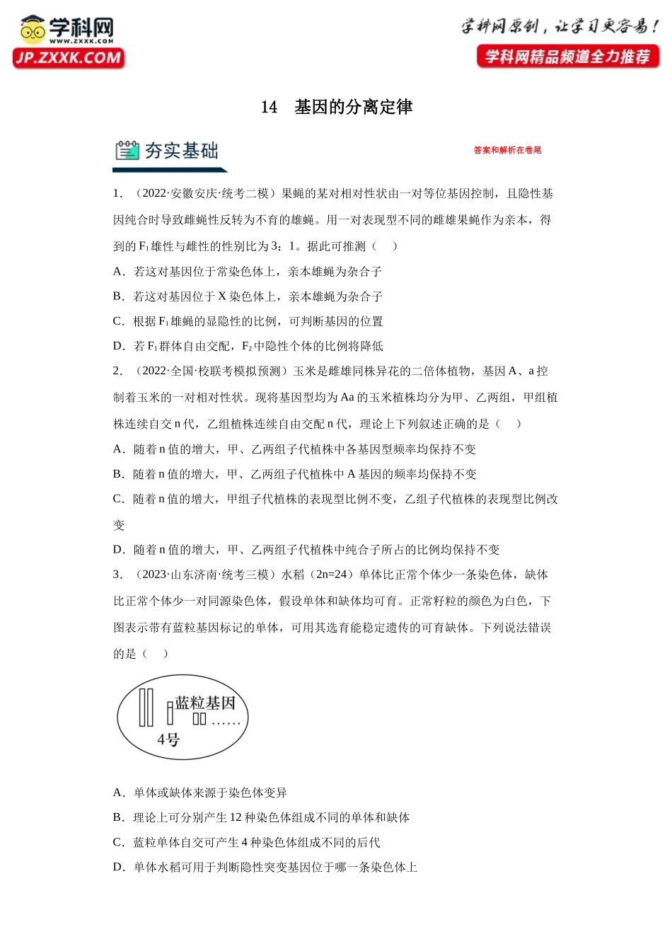 能力分层训练14 基因的分离定律(解析版).docx_第1页