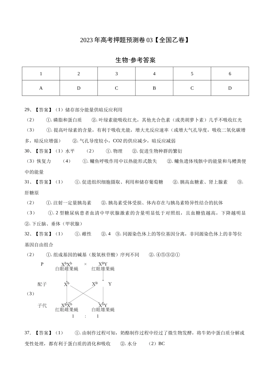 2023年高考押题预测卷03(全国乙卷)-生物(参考答案).docx_第1页
