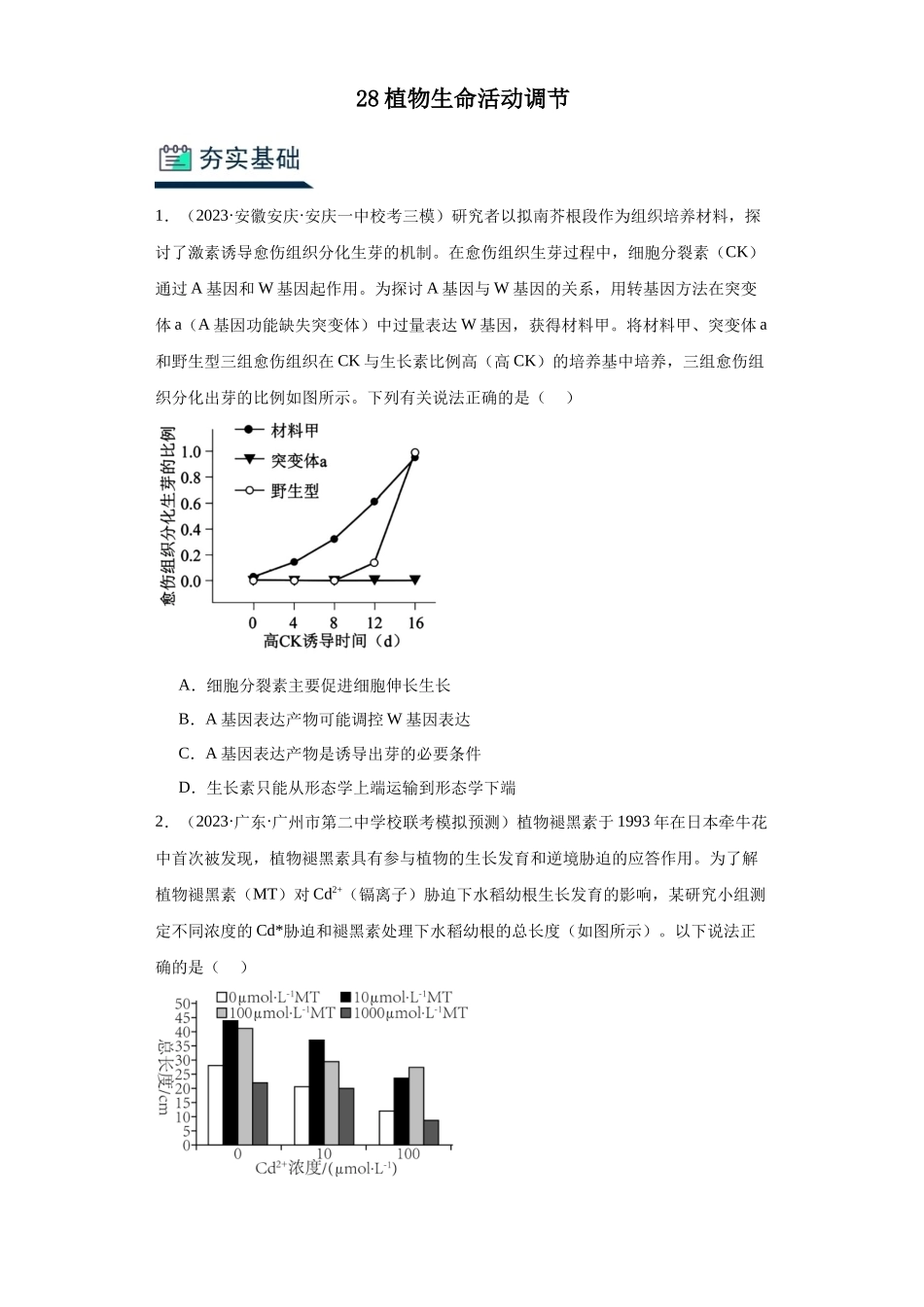 能力分层训练28植物生命活动调节(原卷版).docx_第1页