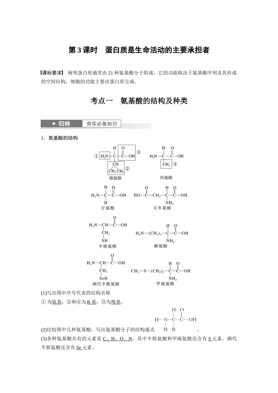 2024年高考生物一轮复习(新人教版) 第1单元 第3课时 蛋白质是生命活动的主要承担者.docx_第1页