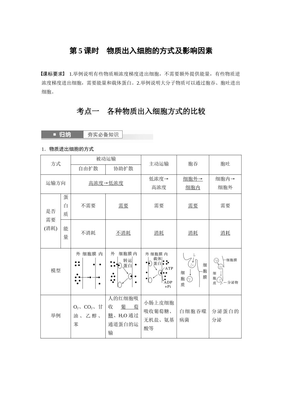 2024年高考生物一轮复习（新人教版） 第2单元　第5课时　物质出入细胞的方式及影响因素.docx_第1页