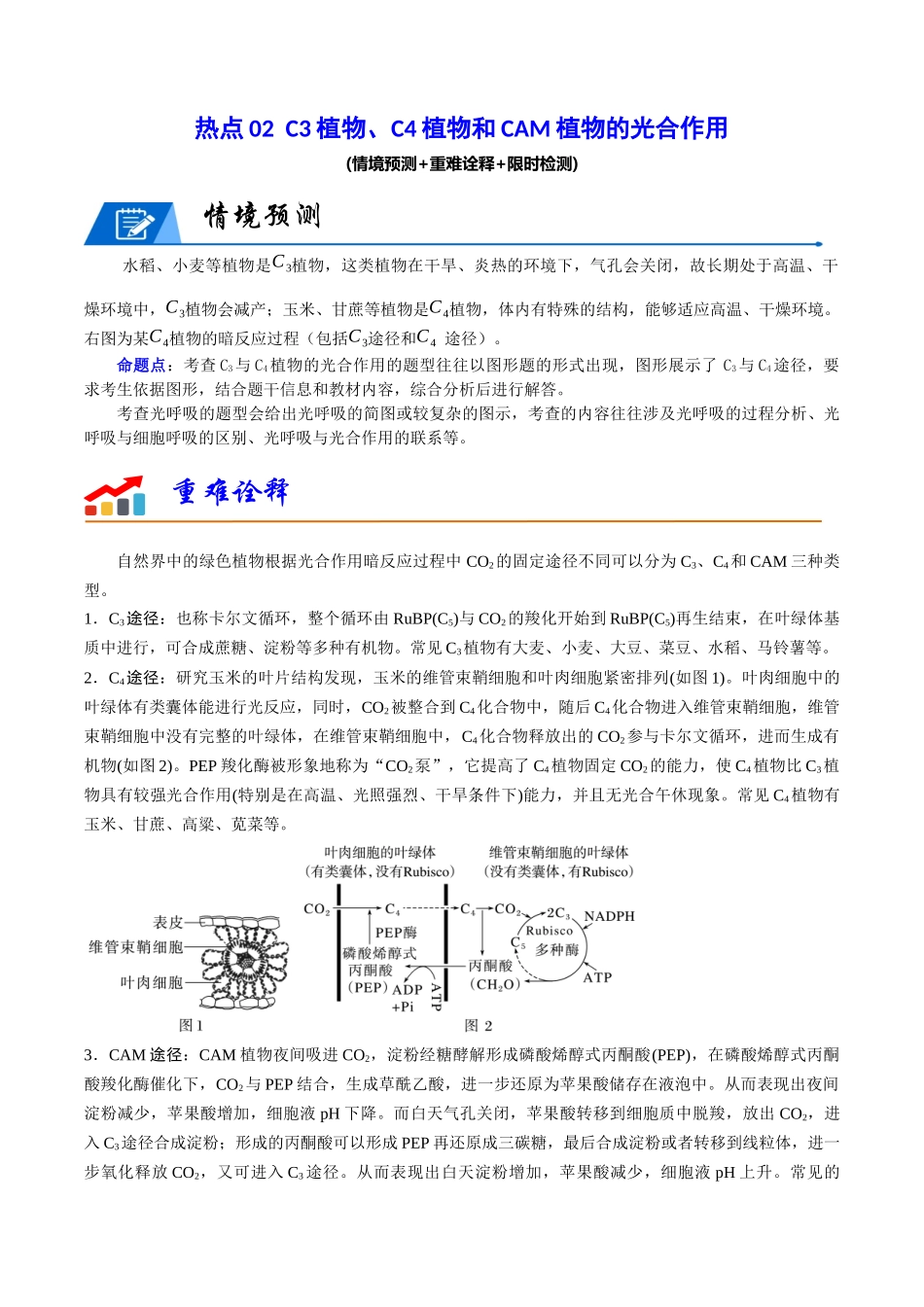 热点02 C3植物、C4植物和CAM植物的光合作用（学生版）.docx_第1页