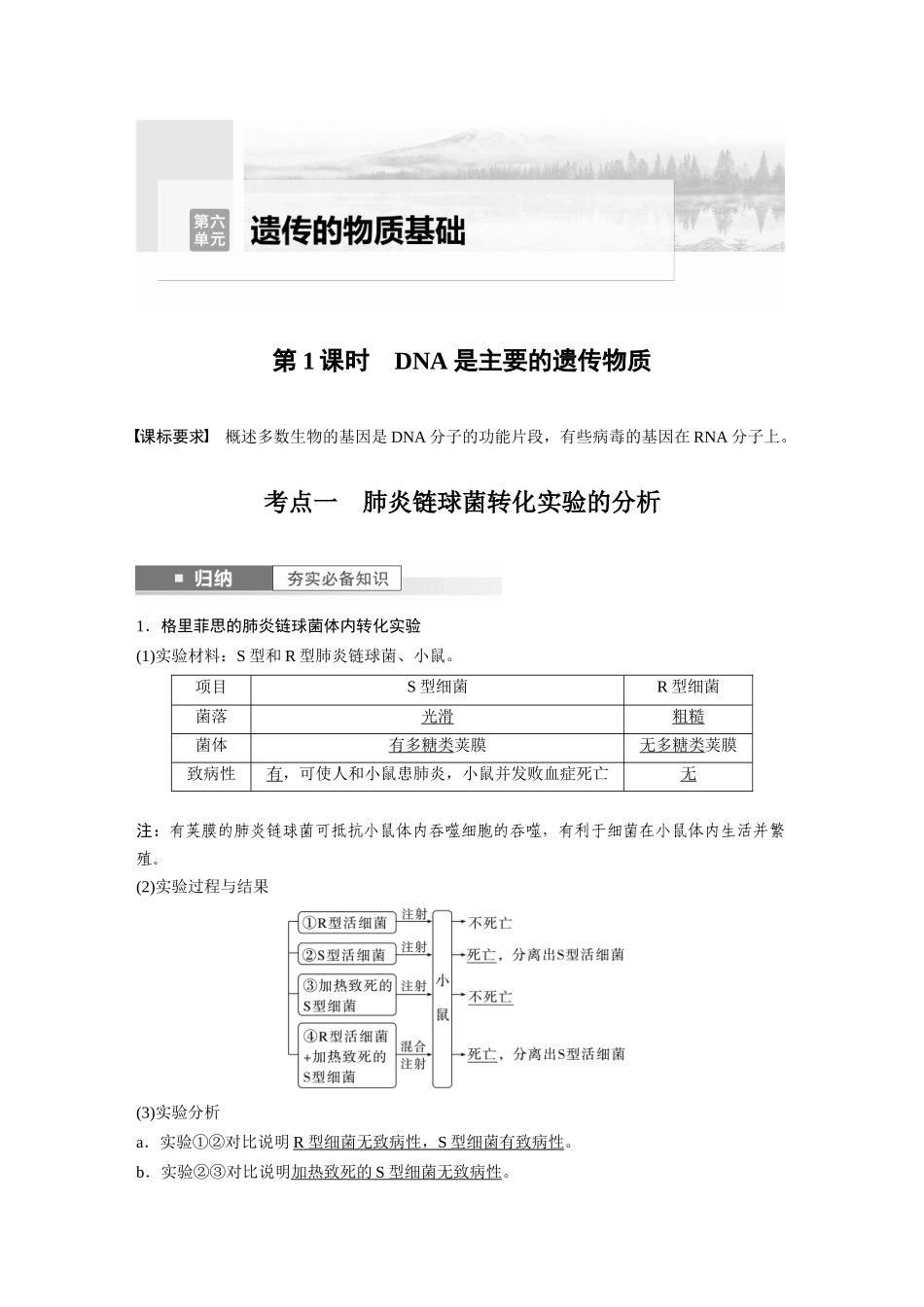 2024年高考生物一轮复习(新人教版) 第6单元 第1课时 DNA是主要的遗传物质.docx_第1页