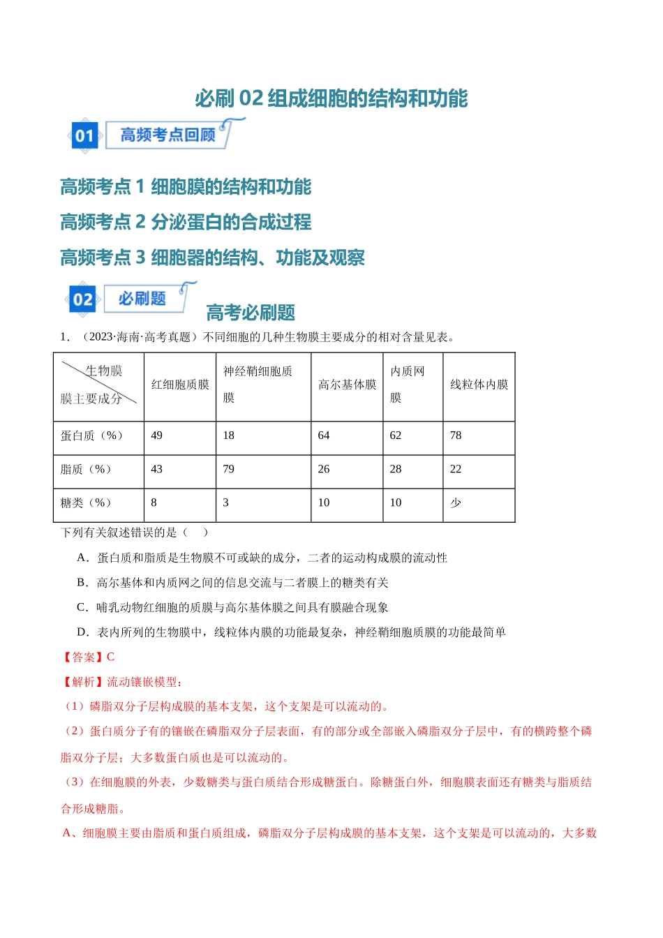 必刷02 细胞的结构和功能(解析版).docx_第1页