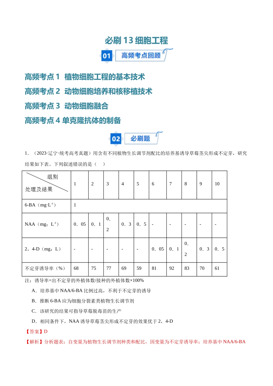 必刷13 细胞工程(共50题)(教师版).docx_第1页