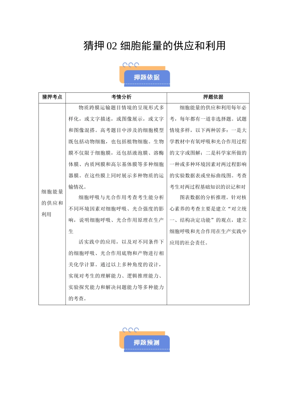 猜押02 细胞能量的供应和利用(教师版).docx_第1页
