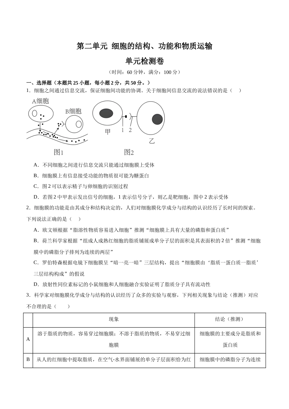单元检测卷02  细胞的结构、功能和物质运输（学生版）.docx_第1页
