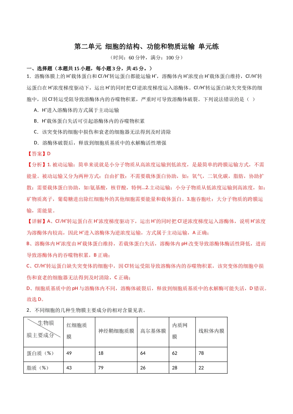 单元检测卷02 细胞的结构、功能和物质运输（解析版 ）.docx_第1页