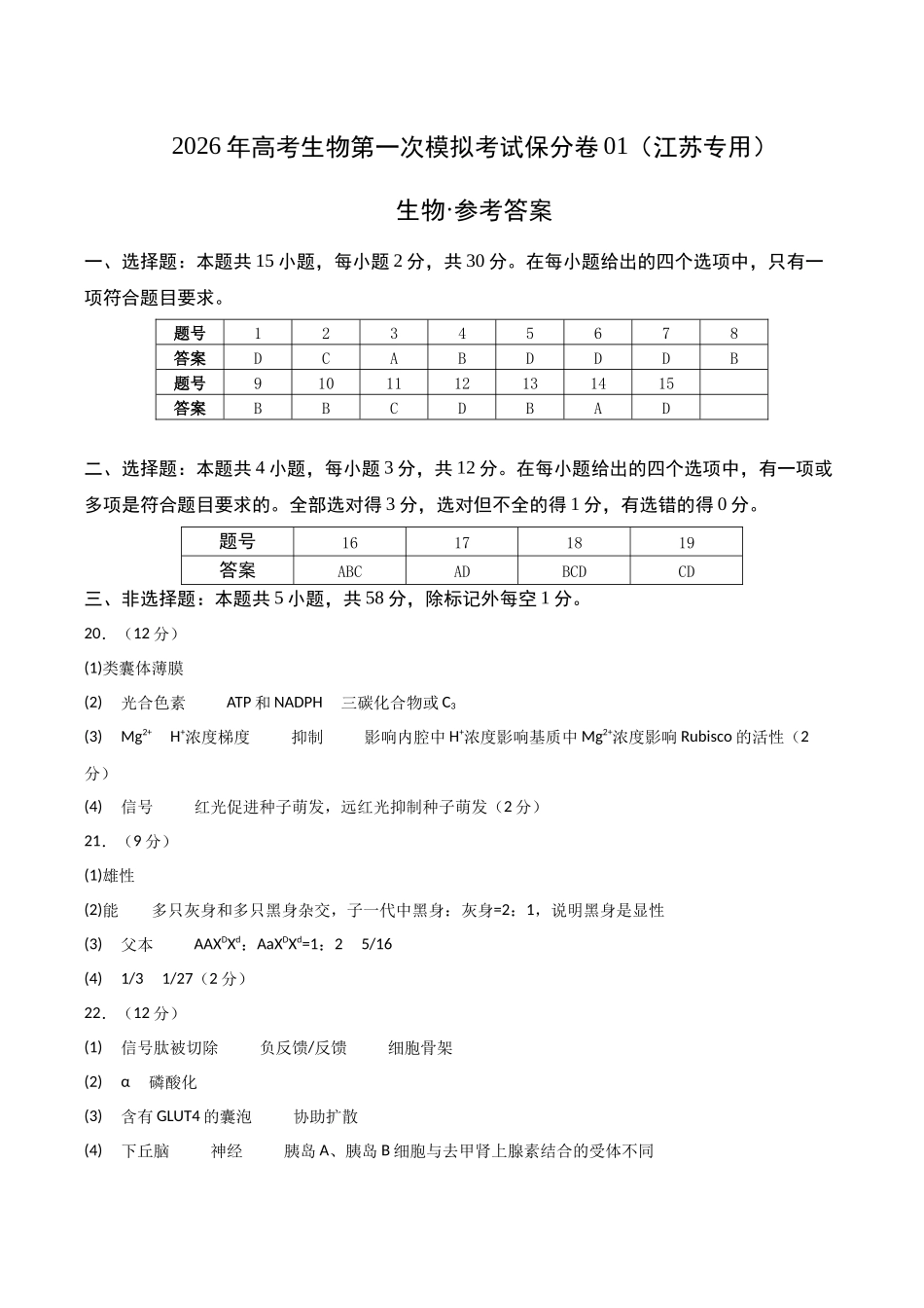 生物一模保分卷01(江苏专用)(参考答案).docx_第1页