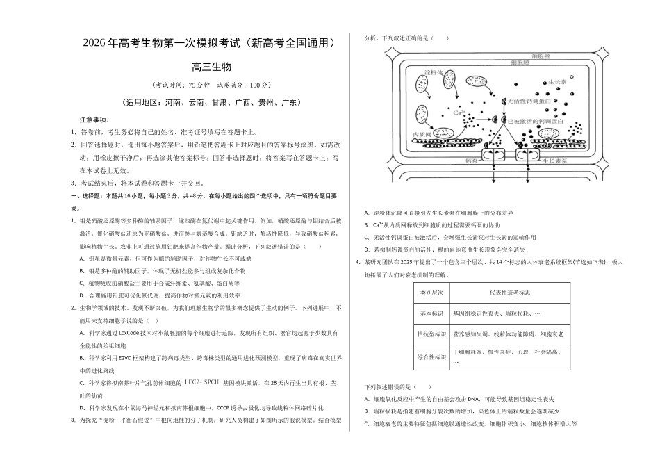 生物一模模拟卷01（新高考全国通用，16+5）（考试版A3）.docx_第1页