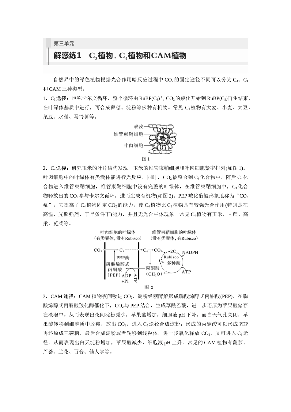 第3单元 解惑练1 C3植物、C4植物和CAM植物.docx_第1页