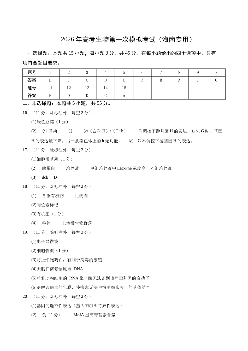 生物一模提分卷(海南专用)(参考答案).docx_第1页