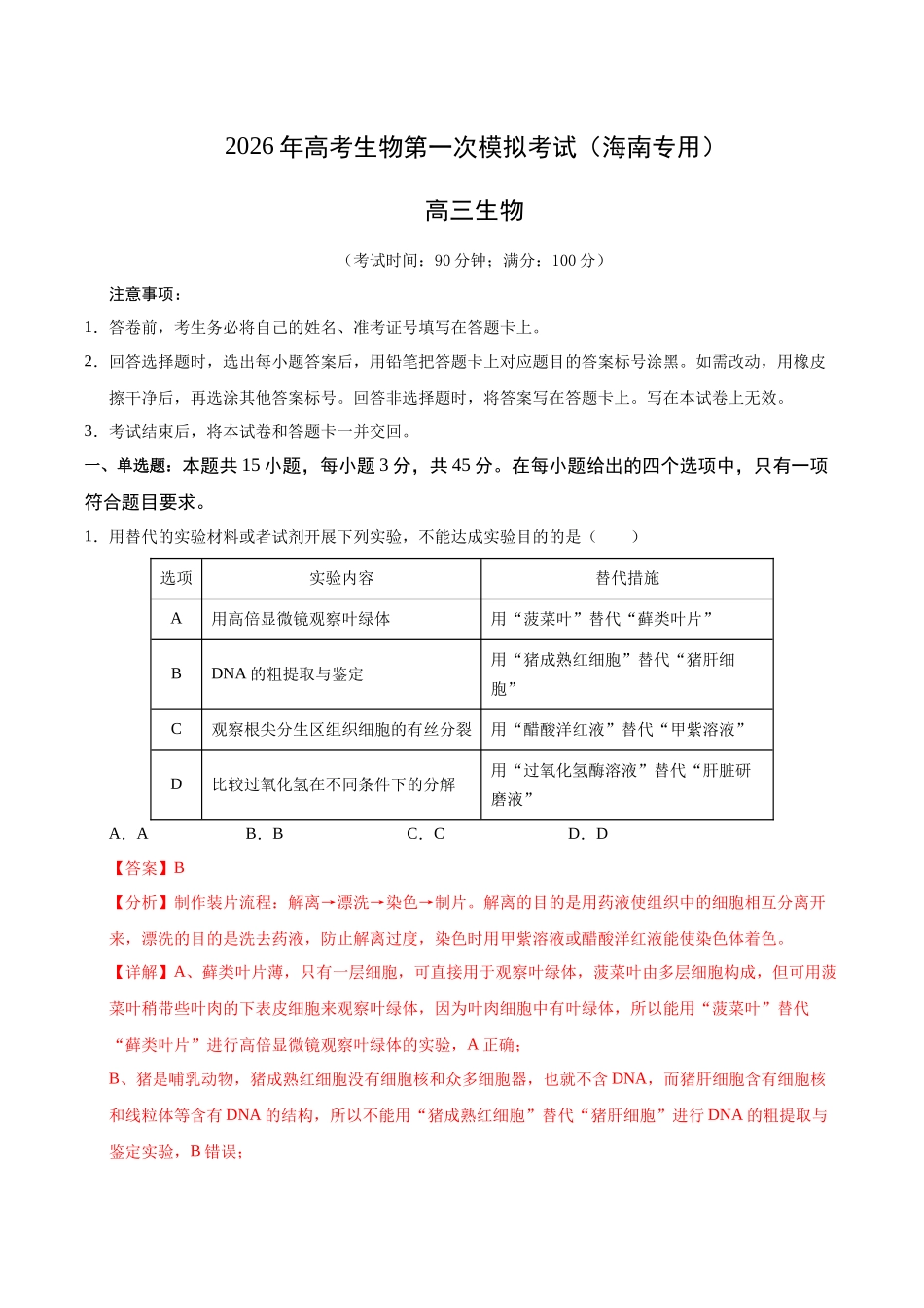 生物一模提分卷(海南专用)(全解全析).docx_第1页