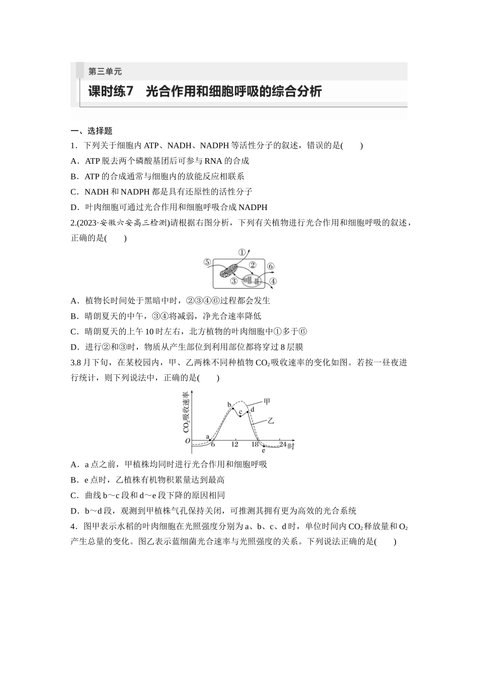 第3单元　课时练7　光合作用和细胞呼吸的综合分析.docx_第1页