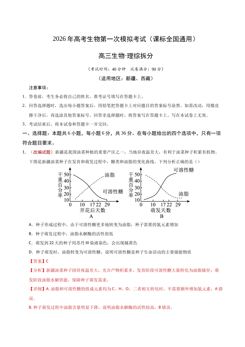 生物一模提分卷（课标全国通用）（全解全析）.docx_第1页