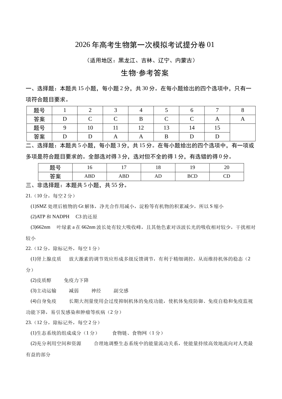 生物一模提分卷01(黑吉辽蒙专用)(参考答案).docx_第1页