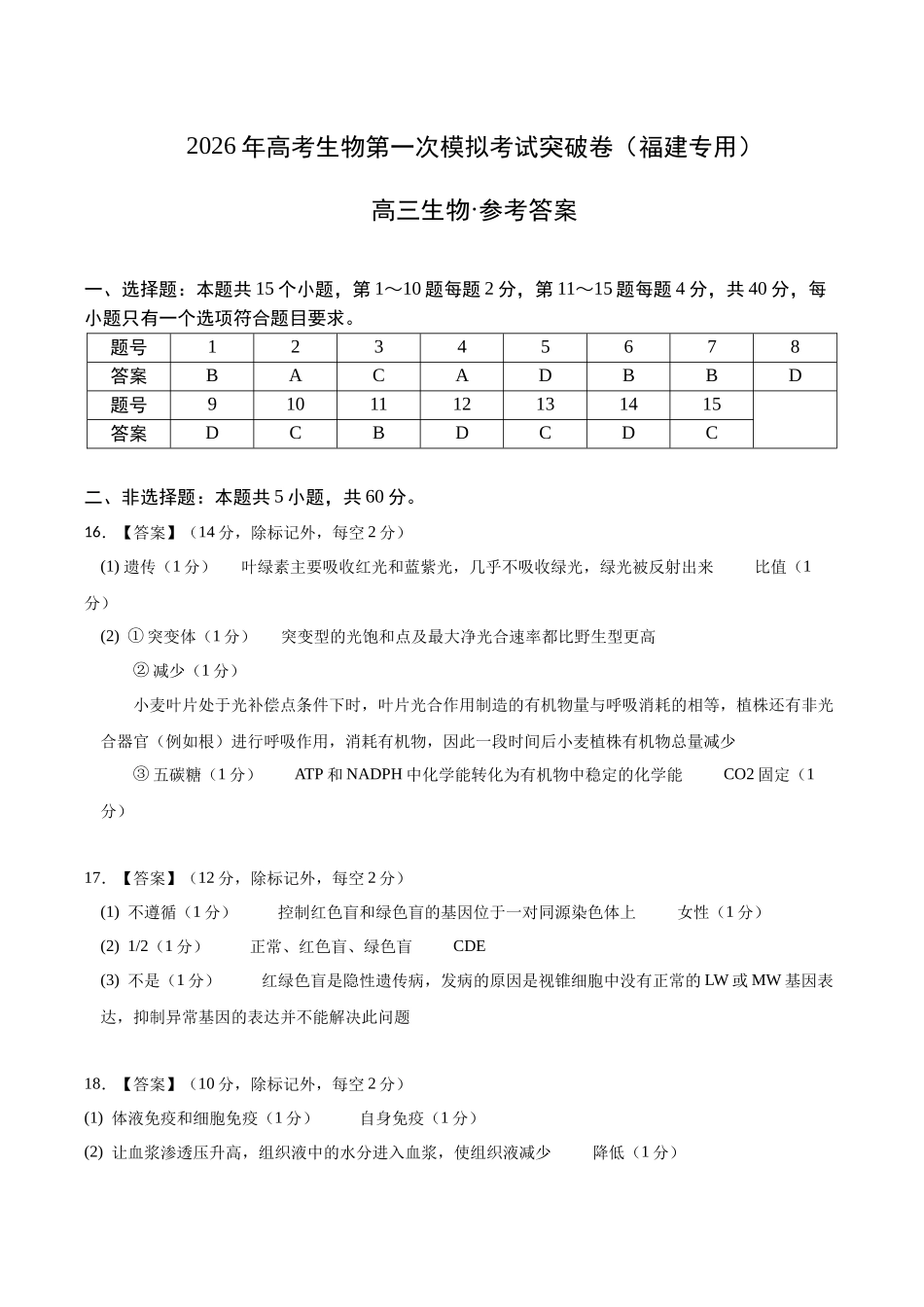 生物一模突破卷(福建专用)(参考答案).docx_第1页