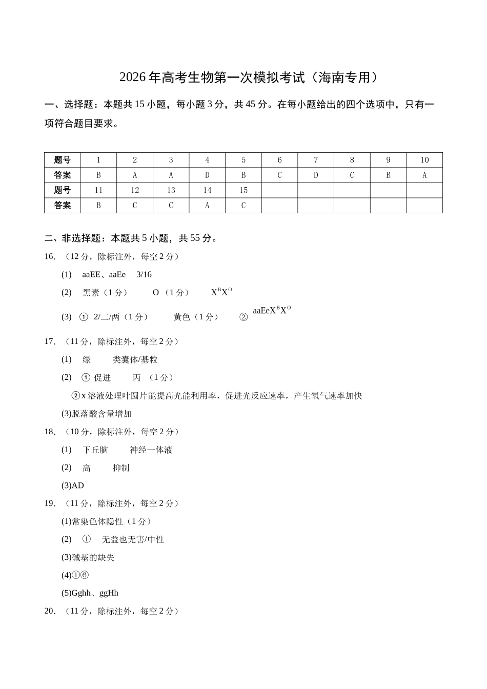 生物一模突破卷（海南专用）（参考答案）.docx_第1页