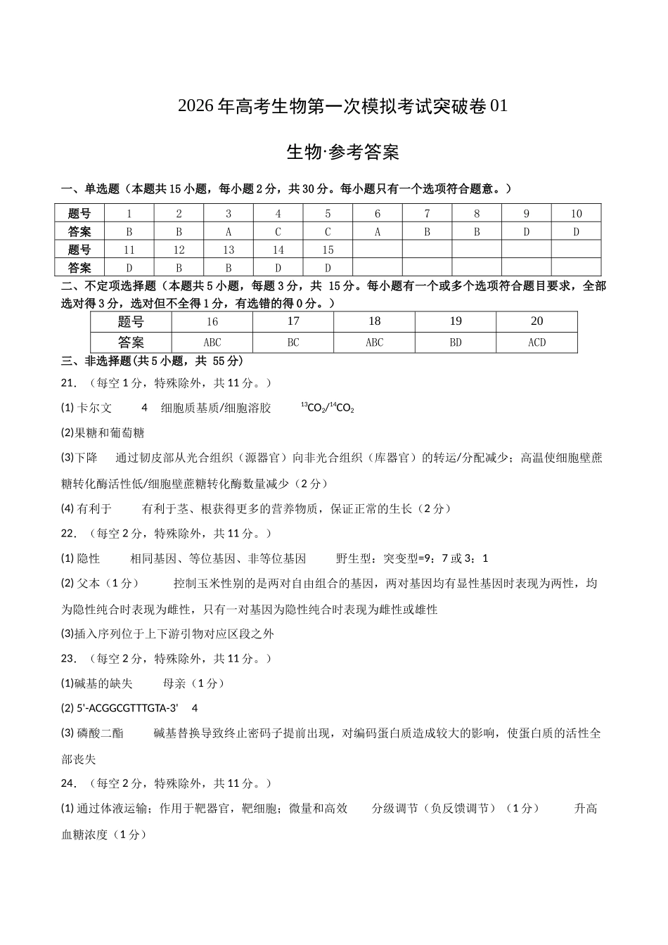 生物一模突破卷01(黑吉辽蒙专用)(参考答案).docx_第1页