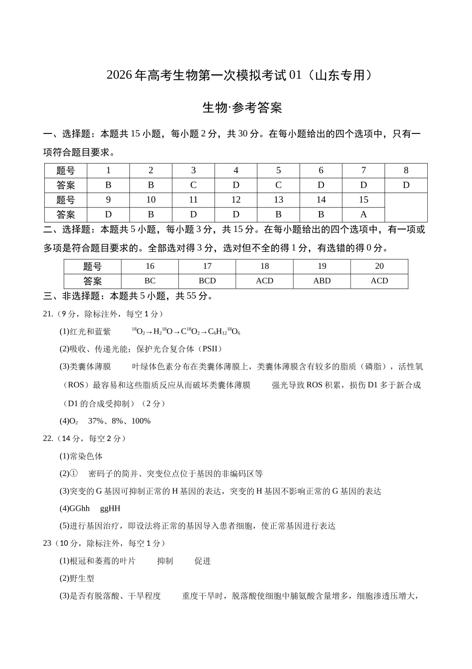 生物一模突破卷01(山东专用)(参考答案).docx_第1页