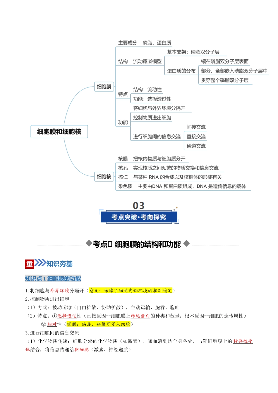 第05讲 细胞膜和细胞核(复习讲义)(全国通用)(教师版).docx_第3页