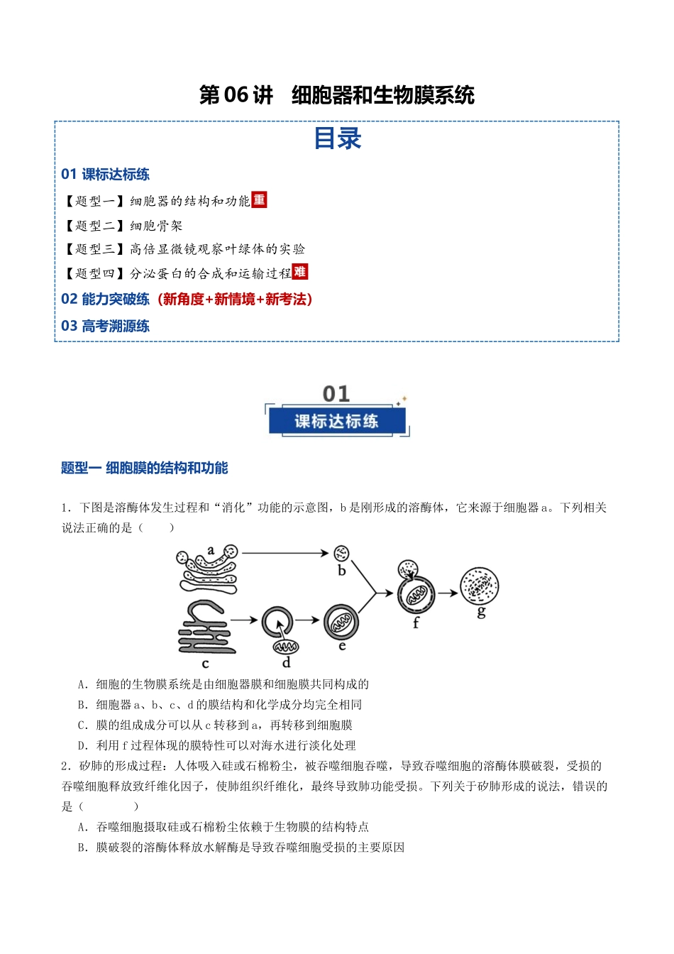 第06讲 细胞器和生物膜系统（专项训练）（学生版） .docx_第1页