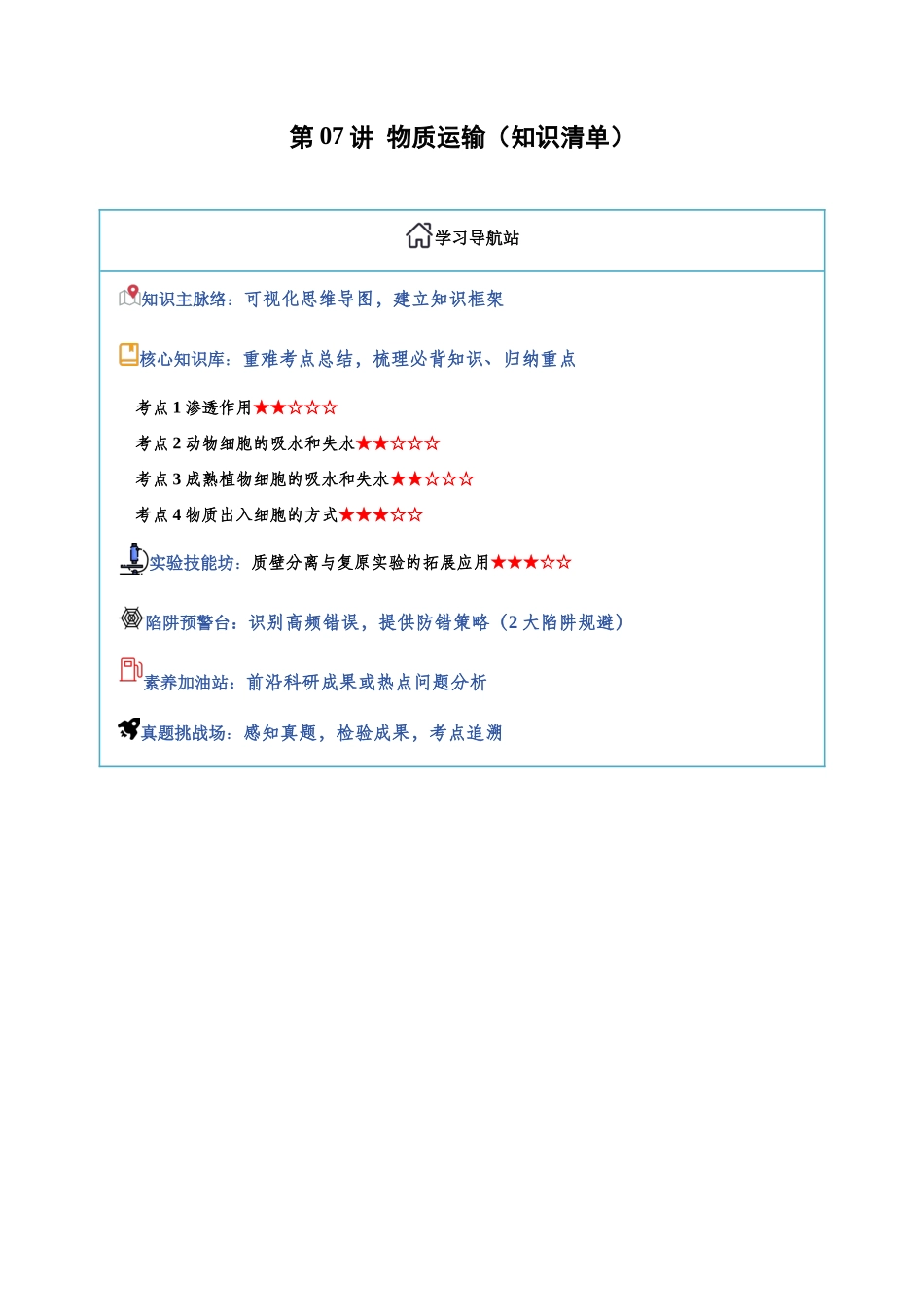 第07讲 物质运输(知识清单)(全国通用)(教师版).docx_第1页