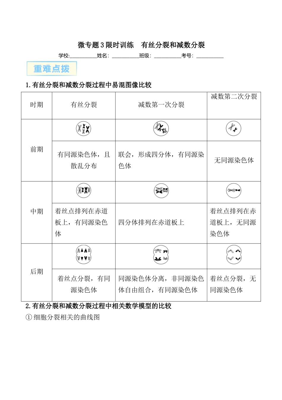 微专题3 有丝分裂和减数分裂 原卷版.docx_第1页