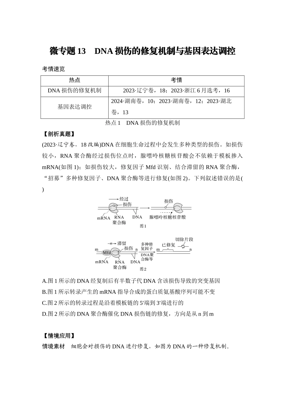 微专题13：DNA损伤的修复机制与基因表达调控.docx_第1页