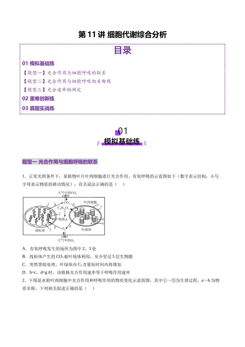 第11讲 细胞代谢综合分析(练习)(学生版).docx_第1页