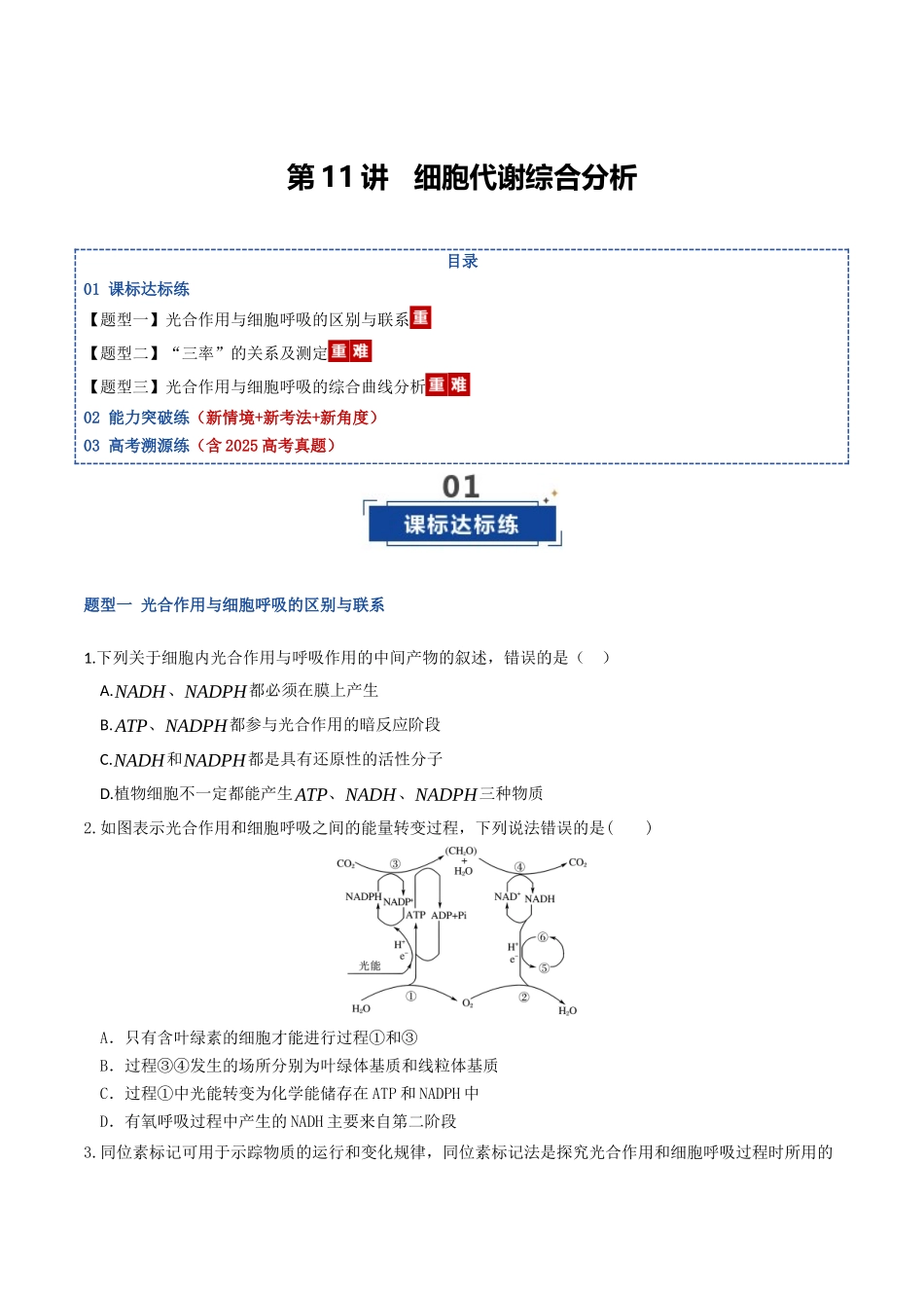 第11讲 细胞代谢综合分析(专项训练)(湖南专用)(学生版).docx_第1页