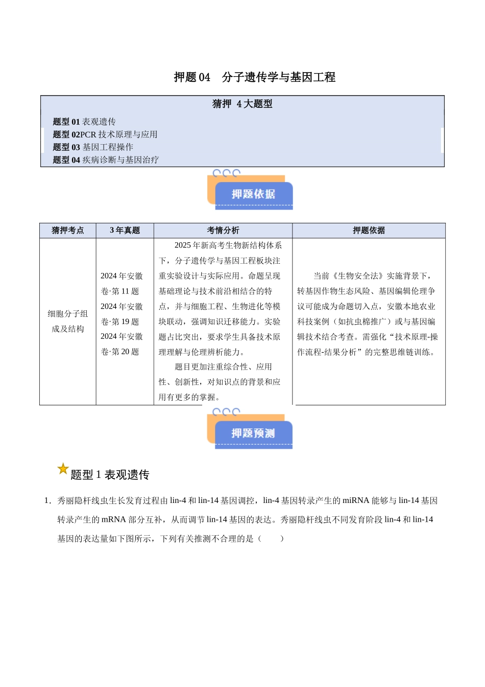 押题04 分子遗传学与基因工程(4大题型猜押)(学生版).docx_第1页