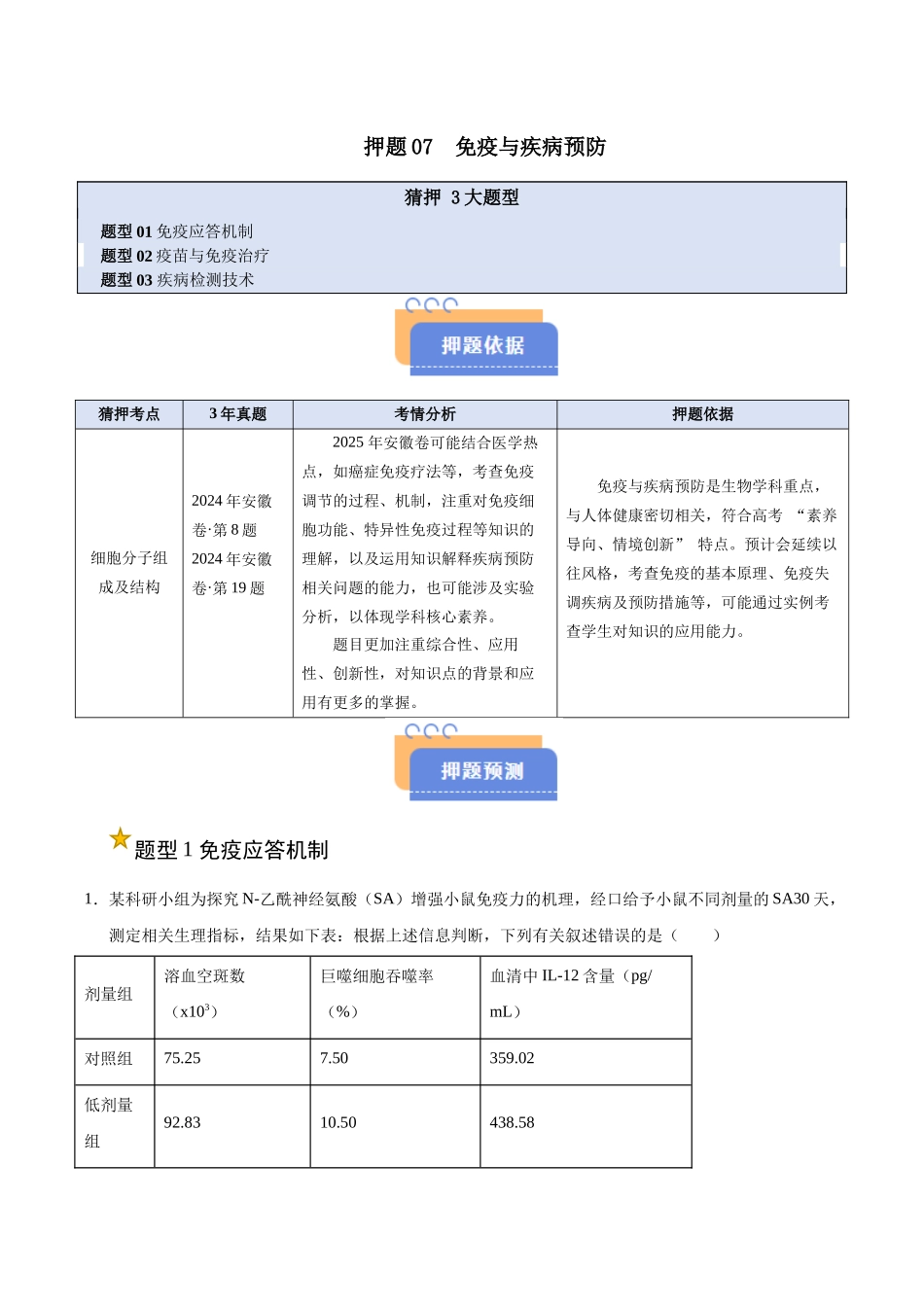 押题07 免疫与疾病预防(3大题型猜押)(学生版).docx_第1页