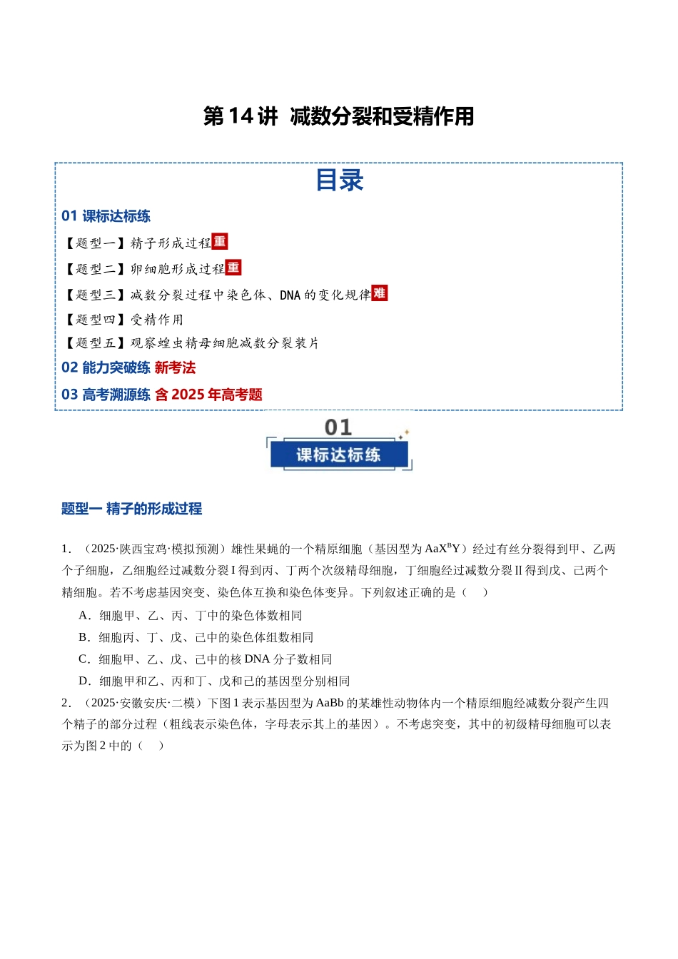 第14讲 减数分裂和受精作用（专项训练）（安徽专用）（学生版）.docx_第1页