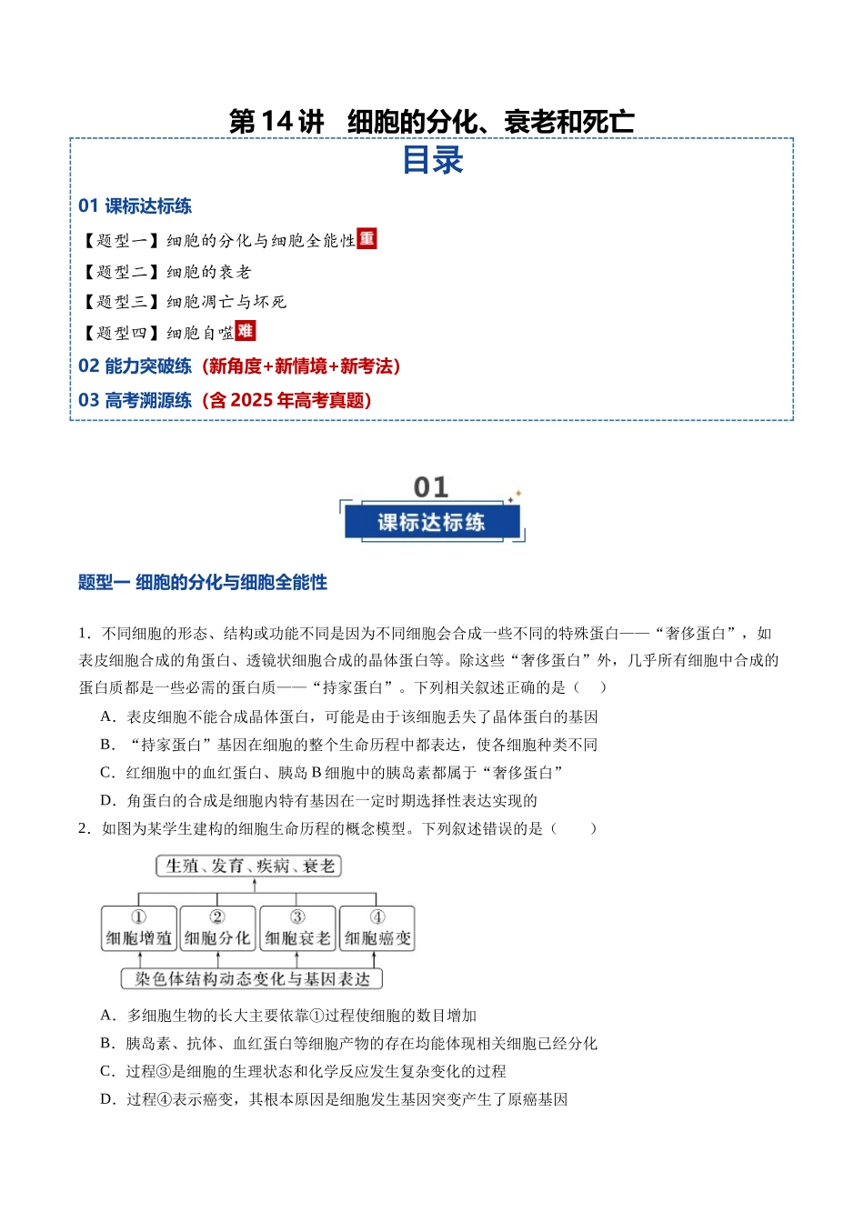 第14讲 细胞的分化、衰老和死亡（专项训练）（学生版） .docx_第1页