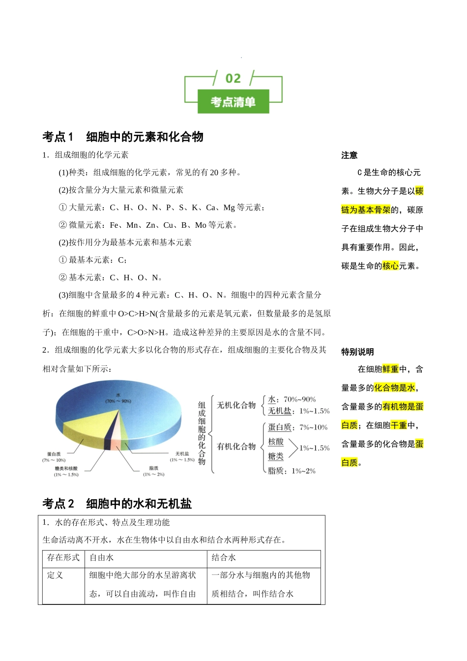 知识清单02 组成细胞的分子（6大考点+10个易错点）.docx_第2页
