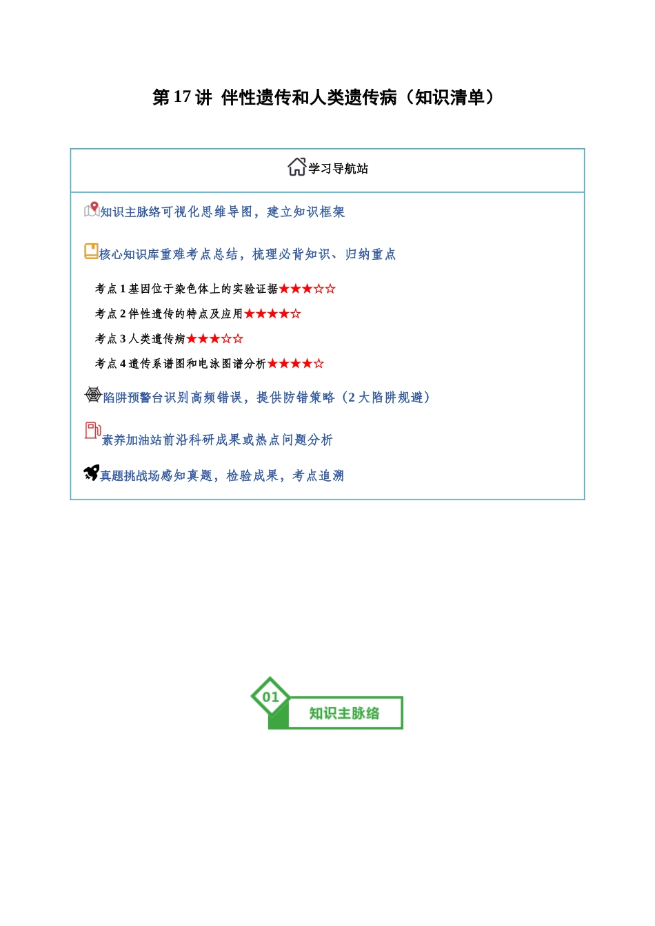 第17讲 伴性遗传和人类遗传病(知识清单)(全国通用)(教师版).docx_第1页