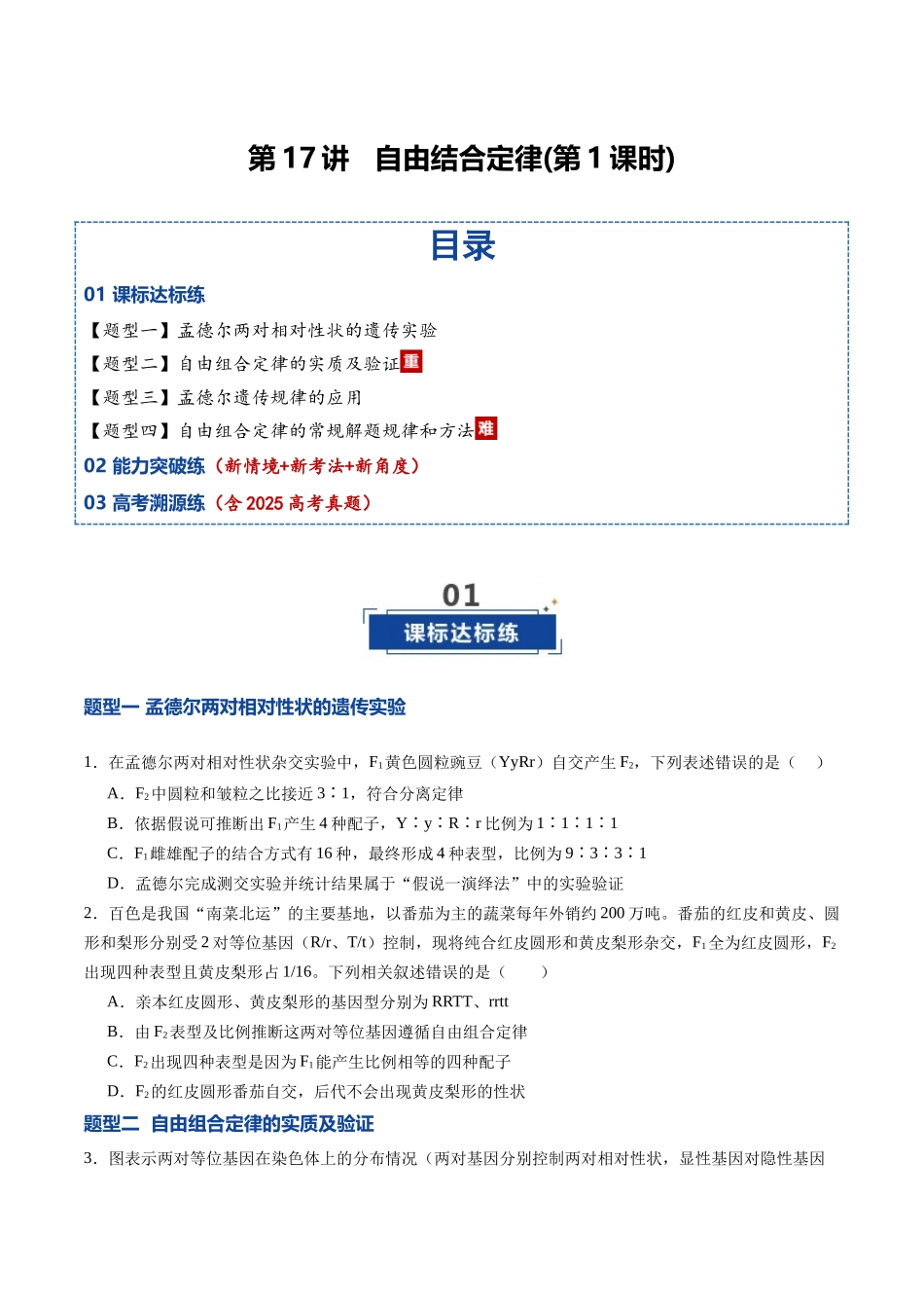 第17讲 自由组合定律 第1课时(专项训练)(福建专用)(原卷版).docx_第1页
